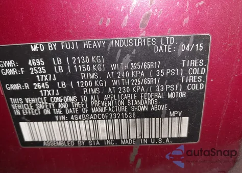 2015 Subaru Outback 2.5I Premium from USA, damaged, VIN 4S4BSADC0F3321536